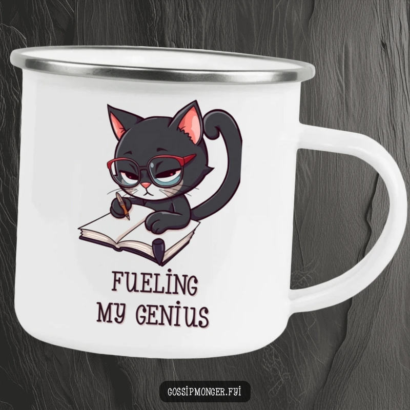 Funny black cat wearing spectacles, furiously scribbling in a notebook with a quill, durable camping mug for outdoor adventures.