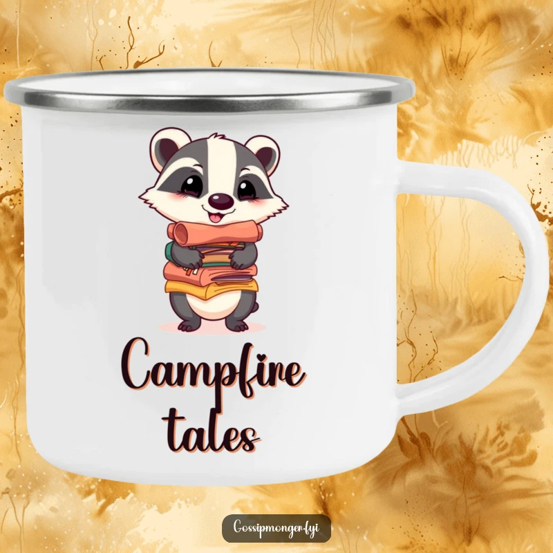 Funny camping mug showing a cheerful badger balancing a stack of colorful, gossip-filled scrolls, perfect for outdoor drinks with a hint of playful storytelling.