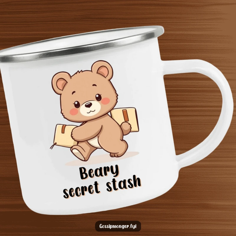 Funny bear cub character camping mug, tiptoeing with a secret package, enamel finish, durable for outdoor use.