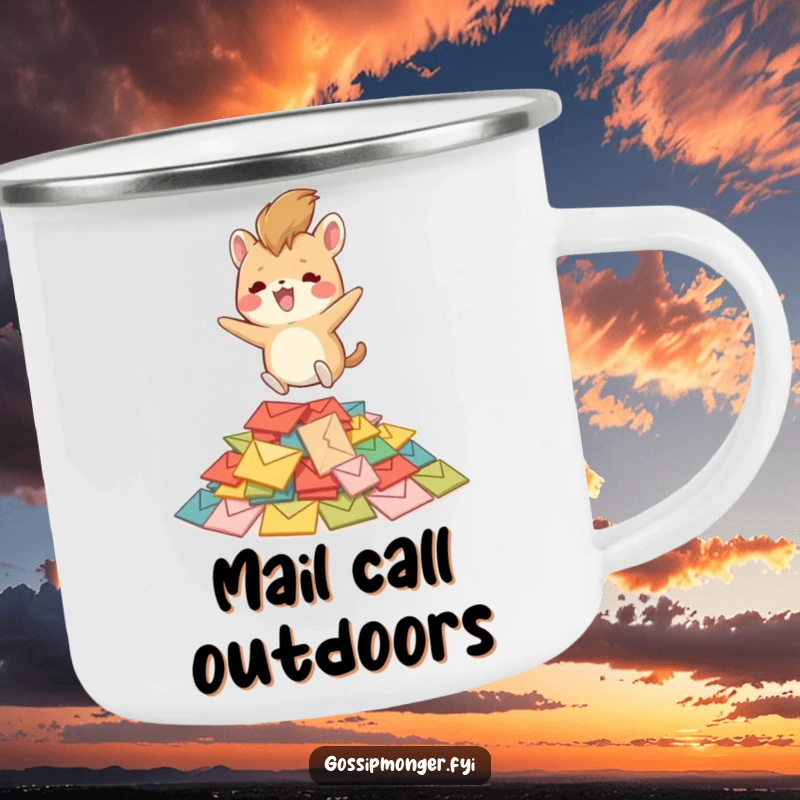 Funny creature with a bushy tail joyfully bouncing on colorful envelopes, depicted on a rugged camping mug, ready for outdoor fun.