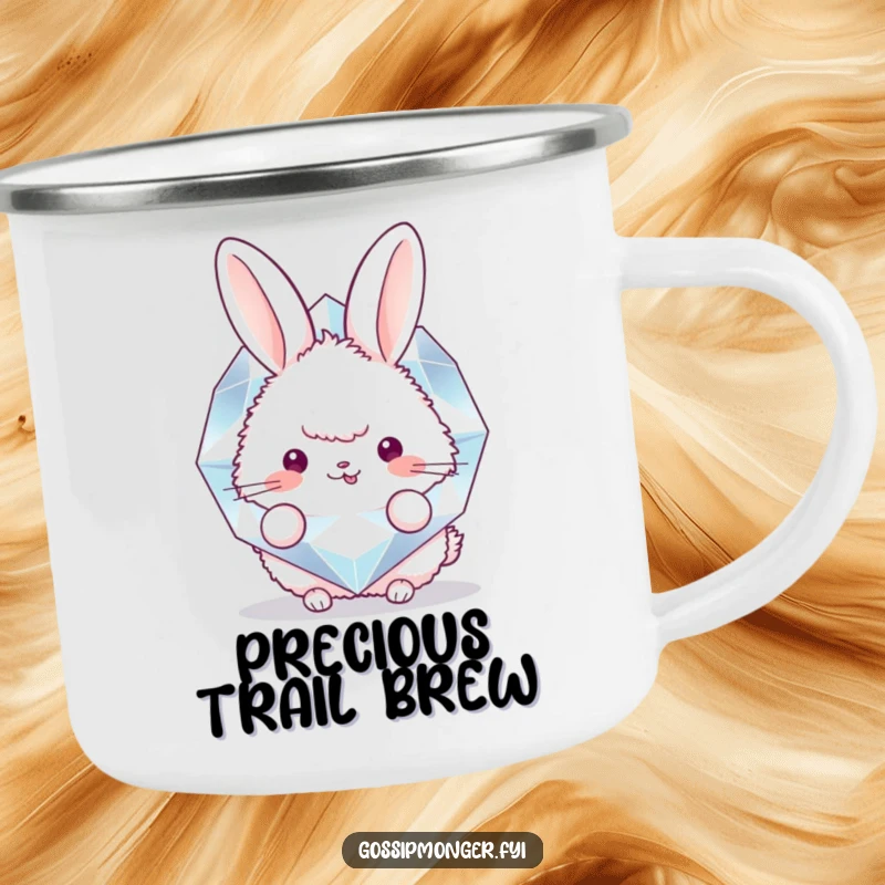 Funny camping mug featuring a fluffy bunny peeking behind a large, sparkling diamond, designed for rugged adventures with a whimsical touch.