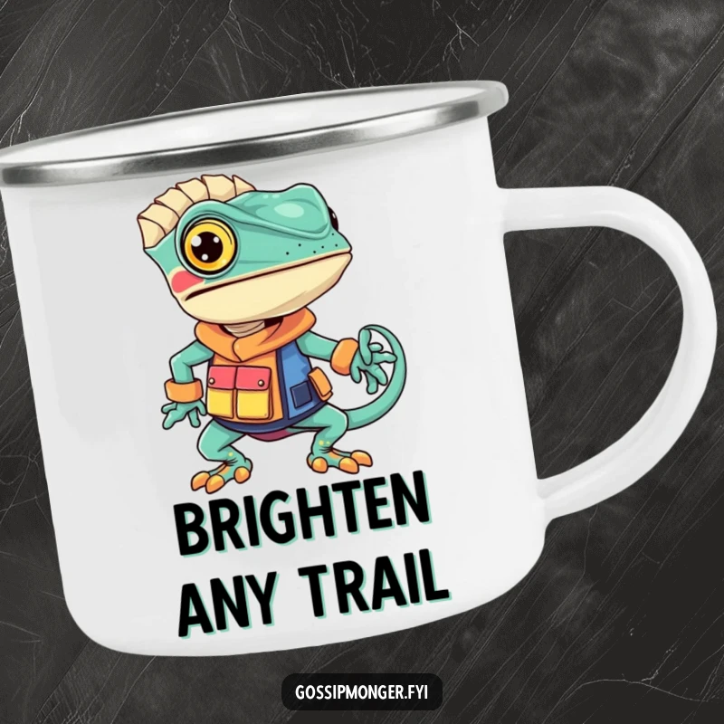 Funny chameleon camping mug with a confident chameleon sporting a unique, vibrantly colored outfit, ideal for stylish outdoor enjoyment.