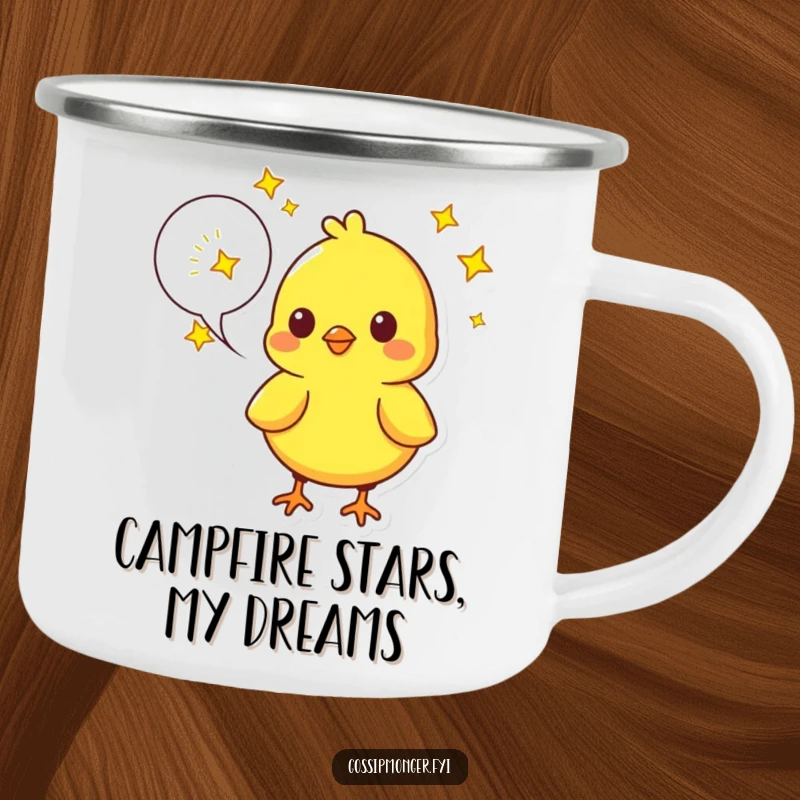 Funny Chick Camping Mug: A bright yellow chick speaks dreams filled with twinkling stars, ideal for outdoor inspiration.