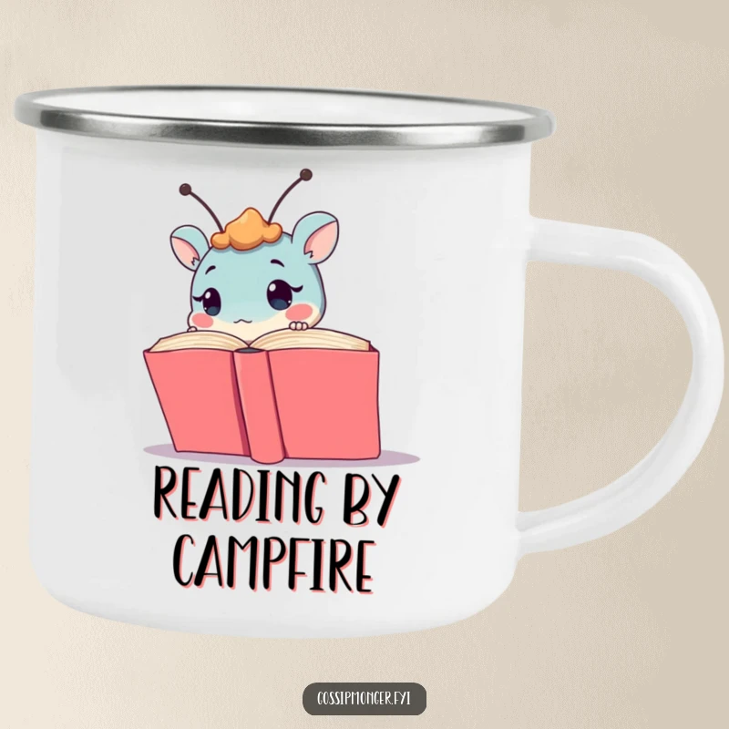 Funny creature with antennae peeking from a book, depicted on a durable camping mug, perfect for outdoor exploration and a curious spirit.
