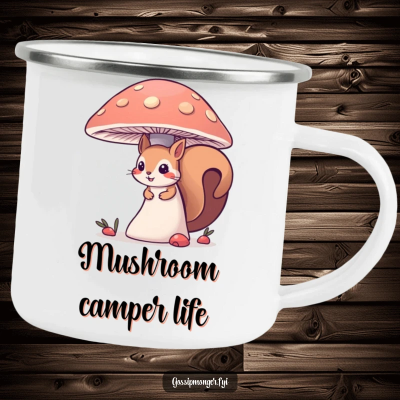 Funny curious squirrel camping mug, a squirrel peeking from behind a mushroom, ready for humorous sips during outdoor explorations.