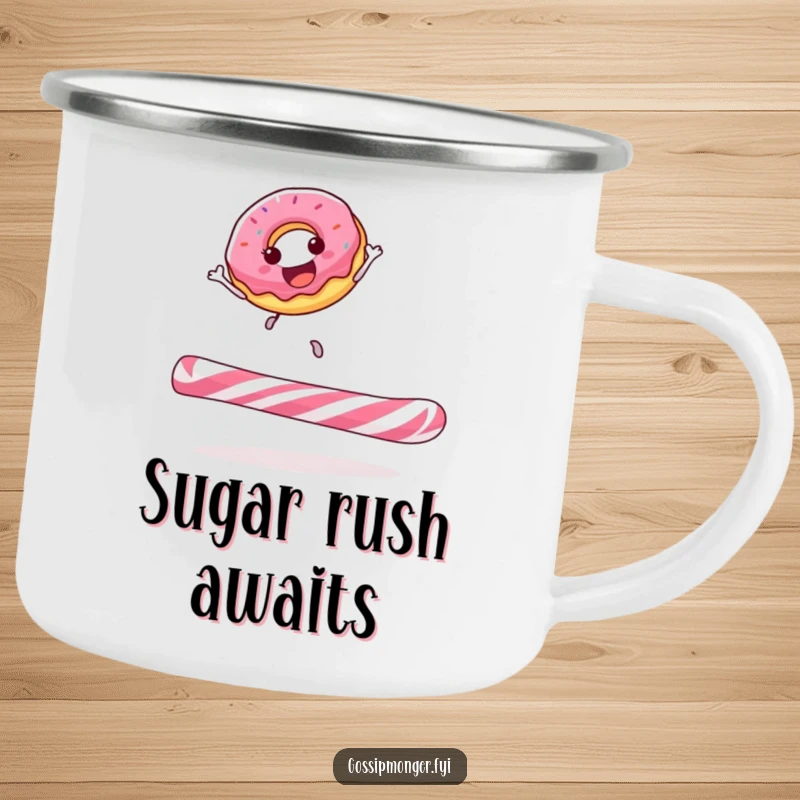 Funny donut camping mug showing a happy donut gleefully bouncing on a giant candy cane, great for sweet, humorous outdoor sips.