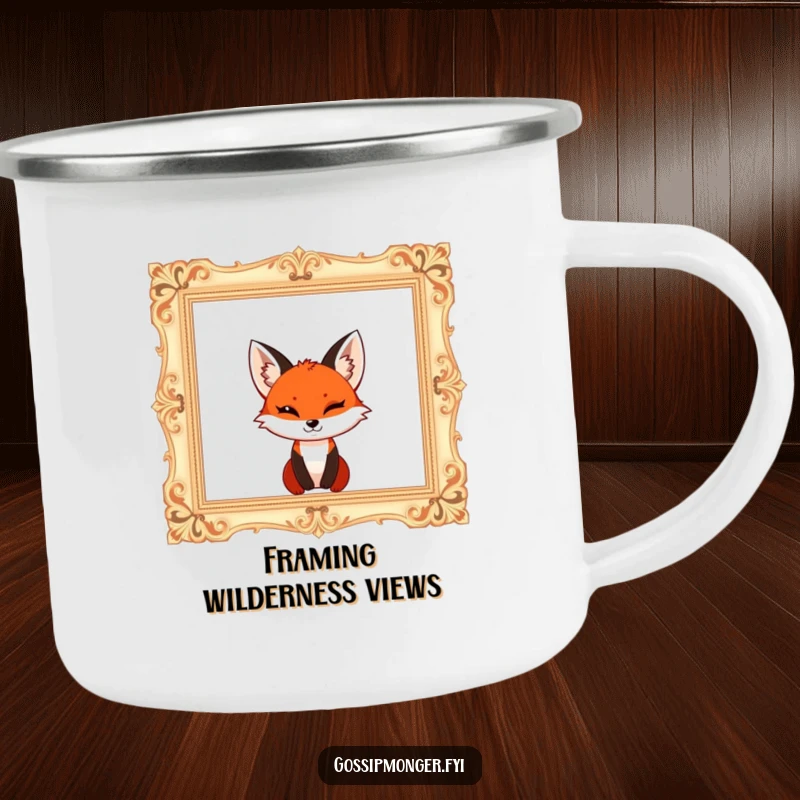 Funny red fox with a mischievous wink, popping out of a giant ornate empty picture frame, durable camping mug.