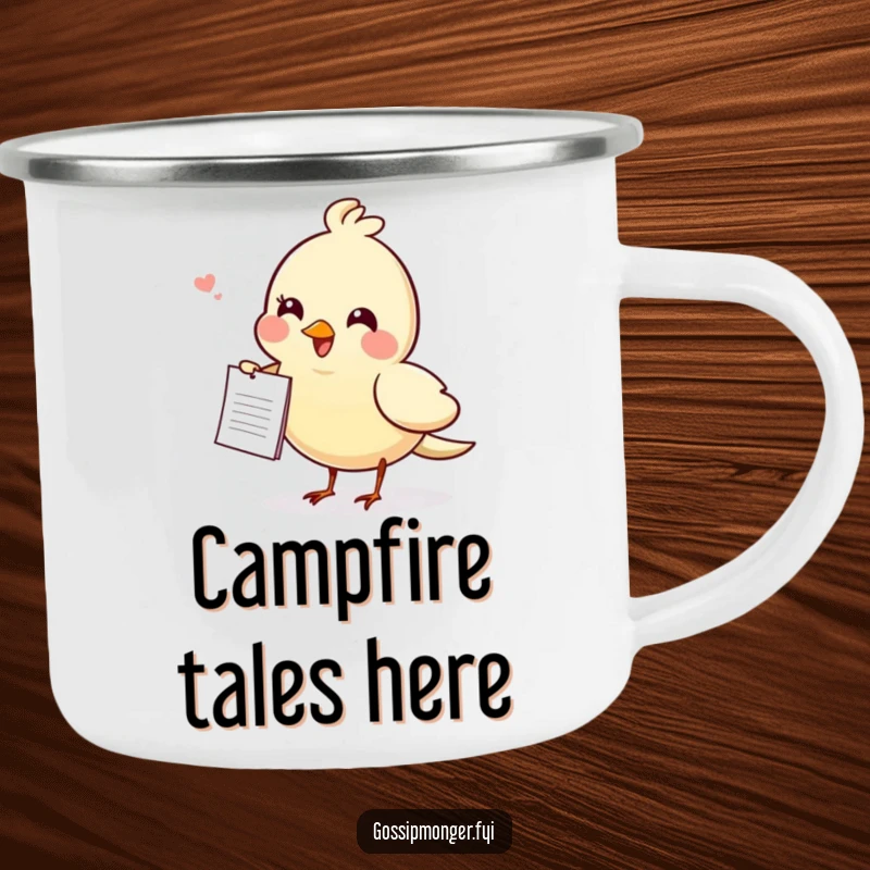 Funny gossiping bird camping mug, a cheerful bird carrying a tiny note, ready for humorous conversations and warm sips outdoors.