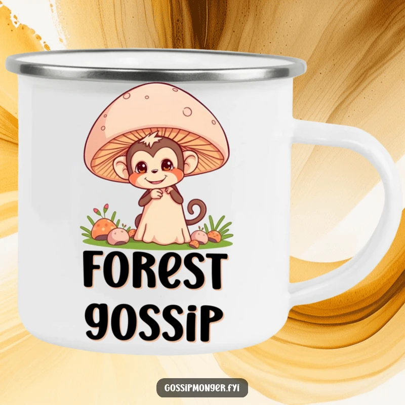 Funny enamel camping mug with a mischievous monkey hiding behind a giant mushroom, perfect for outdoor eavesdropping.