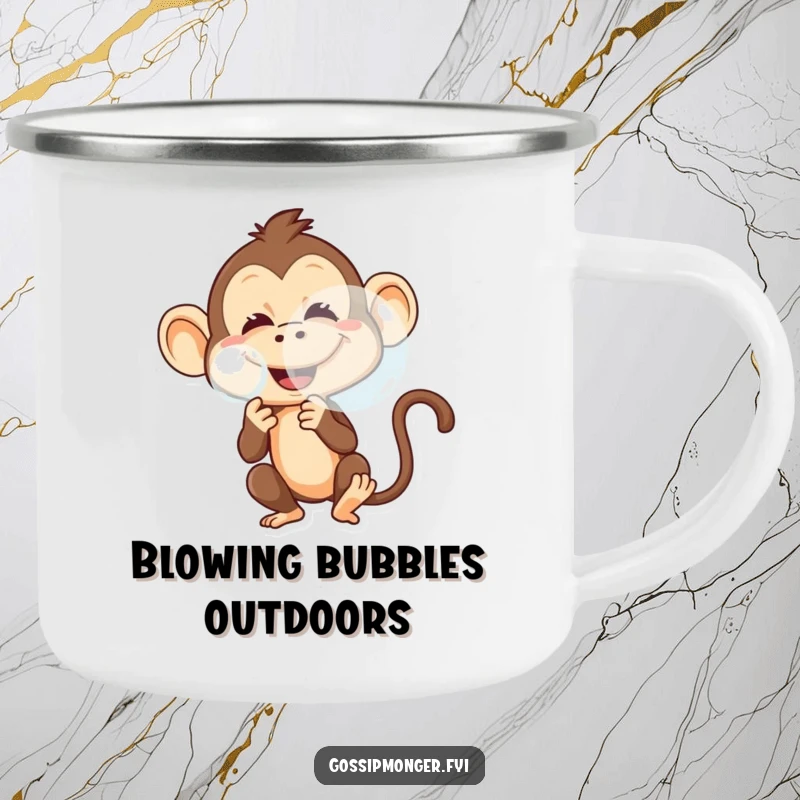 Funny camping mug displaying a mischievous monkey blowing a large bubble with a playful grin.