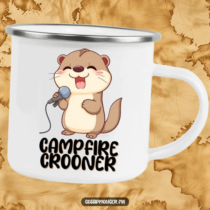 Funny enamel camping mug with a giggling otter singing into a large seashell microphone, perfect for outdoor music lovers.