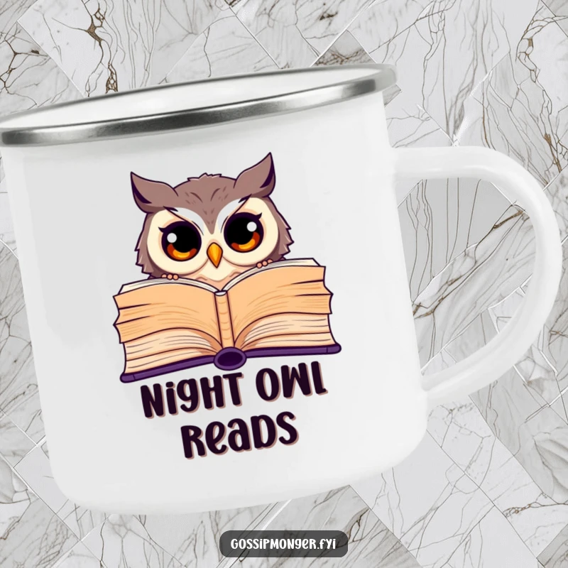 Funny enamel camping mug with a curious owl with wide eyes peeking from behind a giant open book, for outdoors.