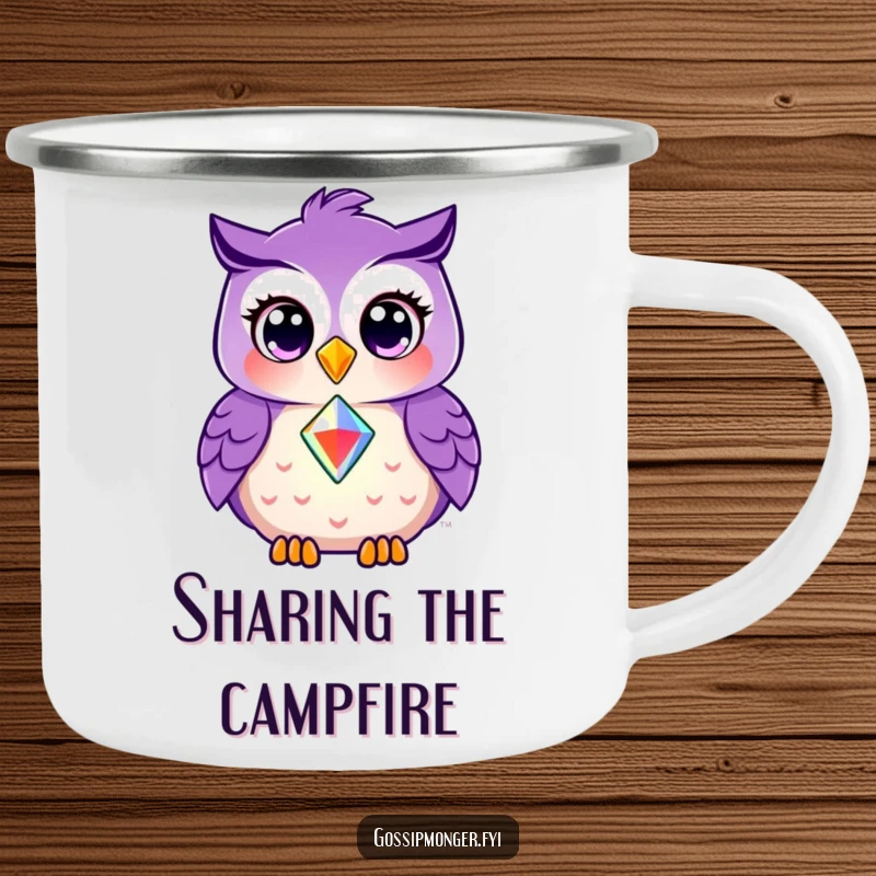Funny camping mug with a smiling purple owl sharing a shining gem, perfect for sharing warmth on outdoor adventures.
