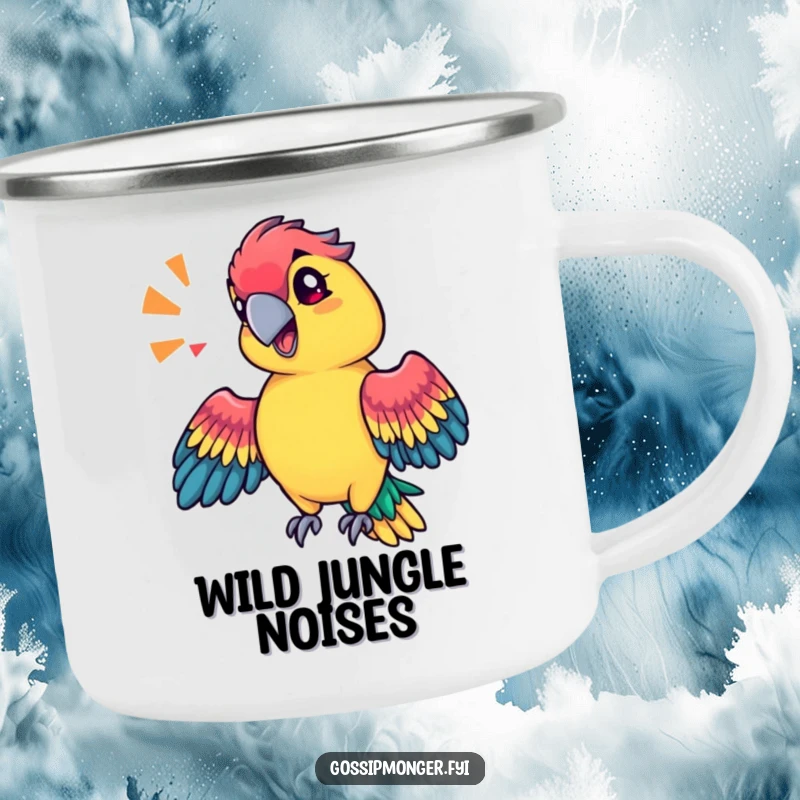Funny technicolor parrot with a sassy tilt of its head, mimicking a sound effect with its wings, durable camping mug.