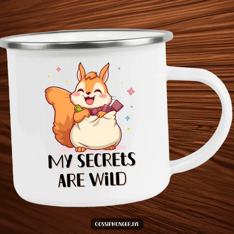 Funny camping mug featuring a joyful squirrel with legs overflowing bag of imaginary secrets, perfect for outdoor fun.