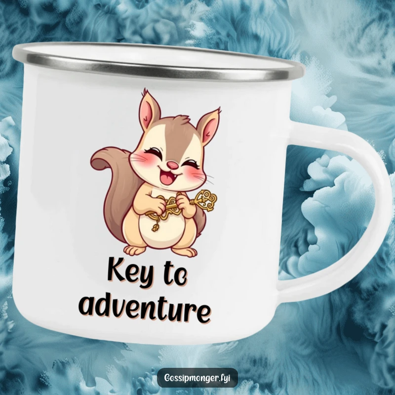 Funny camping mug showing a mischievous squirrel giggling while holding a tiny, ornate key, perfect for outdoor drinks with a hint of playful secrecy.