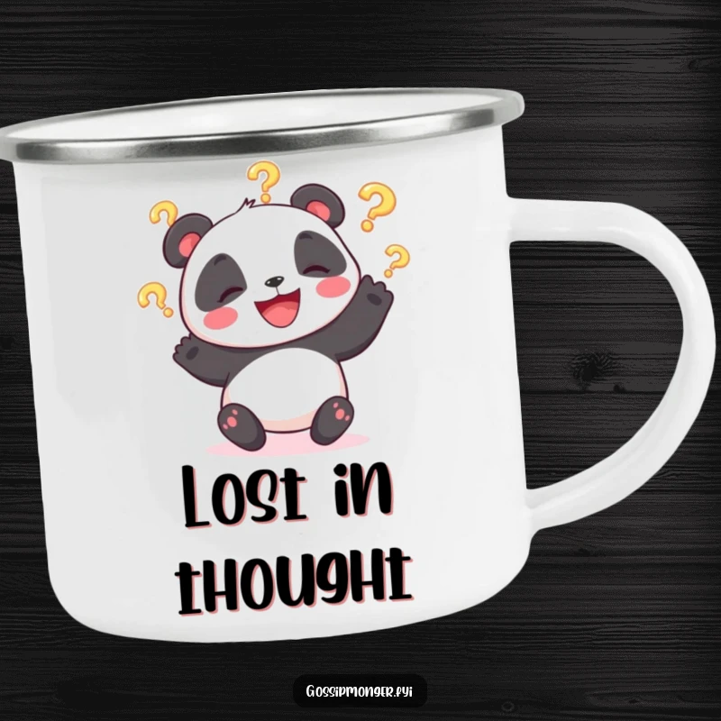 Funny camping mug showcasing a giggling panda bear juggling question marks, ready for outdoor fun and laughter.