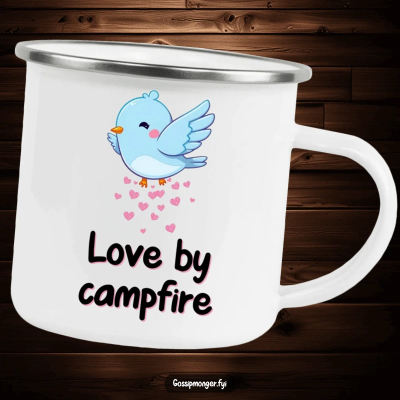 Funny Bluebird Hearts Camping Mug: A rugged mug featuring a bluebird dropping hearts, ideal for enjoying drinks outdoors with a loving touch.