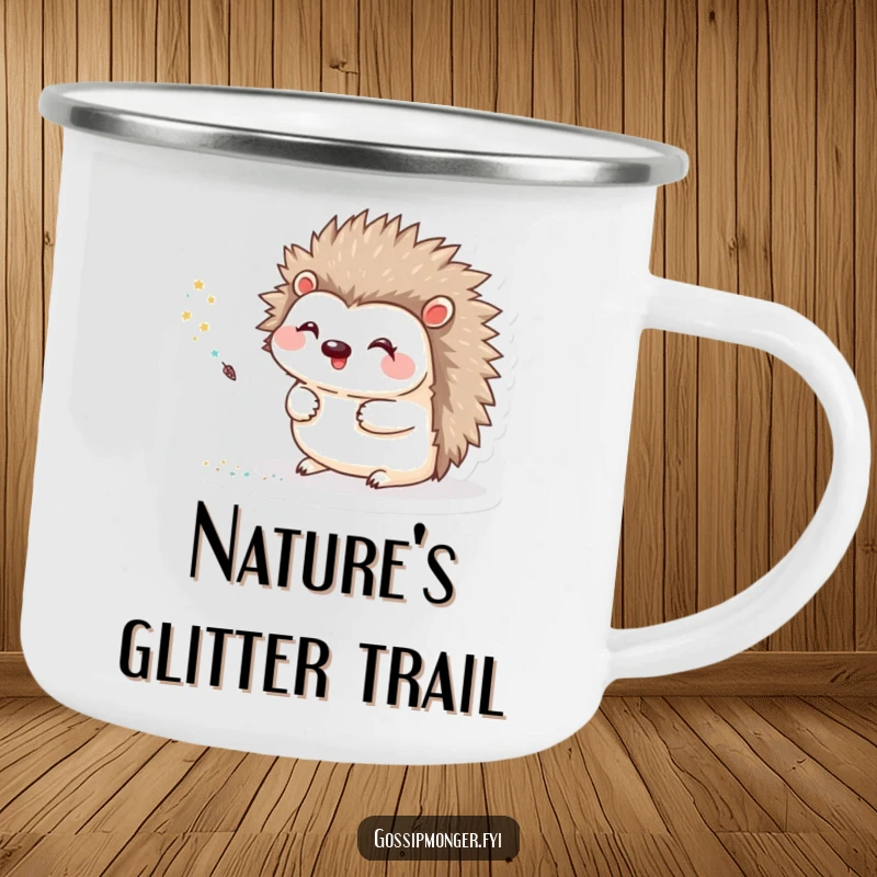 Funny Camping Mug featuring a happy hedgehog leaving a trail of glitter with its tiny quill, ideal for outdoor sipping.