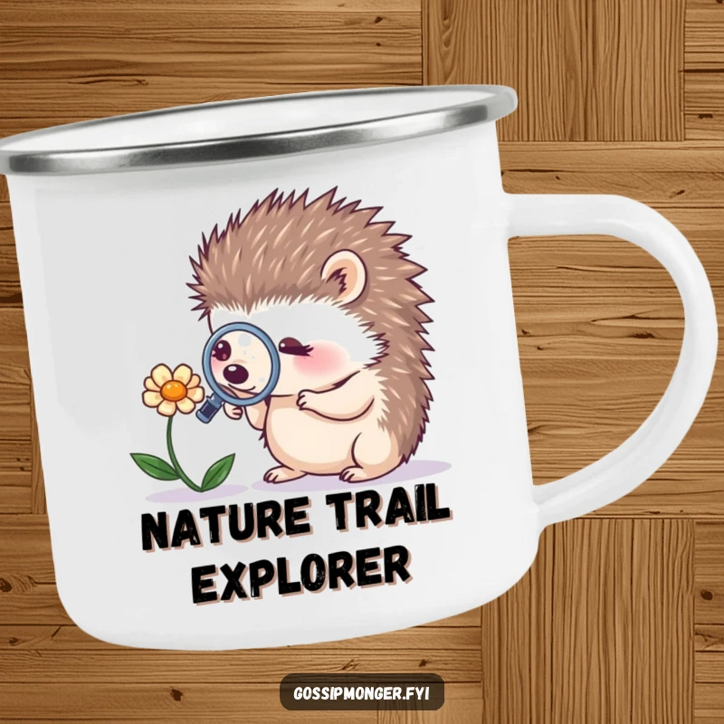 Funny tiny hedgehog with a magnifying glass looking at a whispering flower on a sturdy camping mug, perfect for humorous outdoor enjoyment.