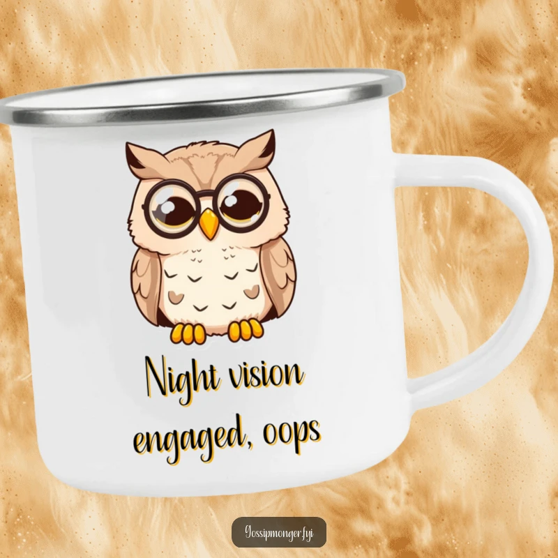 Funny Surprised Owl Camping Mug: An owl wearing a monocle looks wide awake and surprised, ready for outdoor sipping.