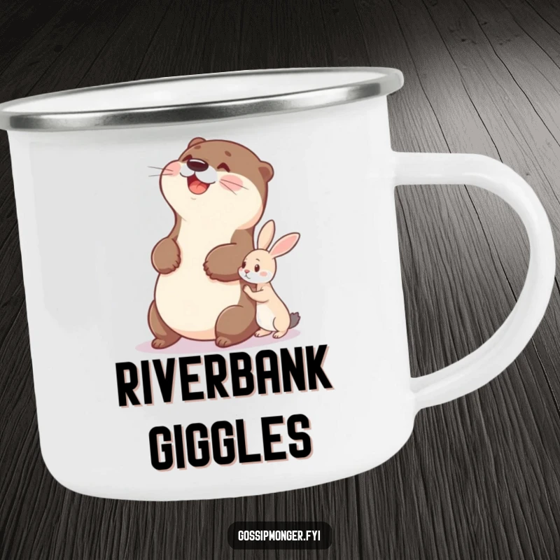 Funny otter camping mug with a delighted otter slapping its belly while watching a tiny rabbit whisper, outdoor humor.
