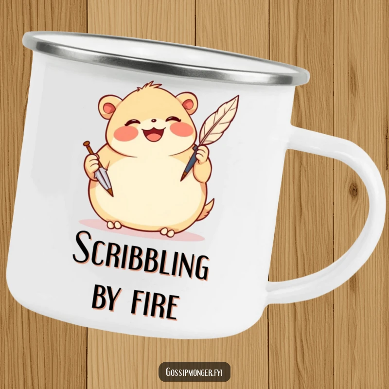 Funny camping mug featuring a plump, smiling creature gleefully scribbling notes with a comically oversized quill pen.