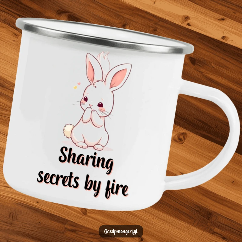 Funny Kawaii Rabbit Camping Mug: A tiny, cute bunny whispers secrets into a giant, fluffy ear, a durable and humorous outdoor mug.