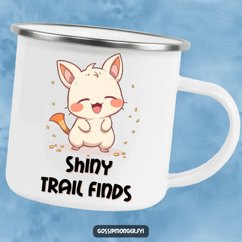 Funny creature with a pointy tail giggling while scattering shiny objects, depicted on a rugged camping mug, ready for outdoor fun and mischief.