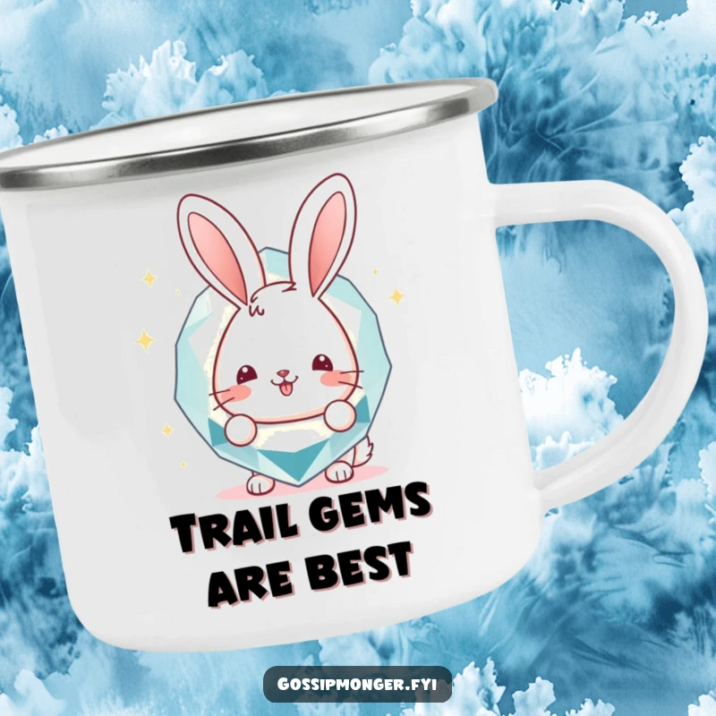 Funny Camping Mug: A happy bunny peeking from behind a sparkling gemstone, perfect for outdoor fun with a funny twist, a cool funny gift.