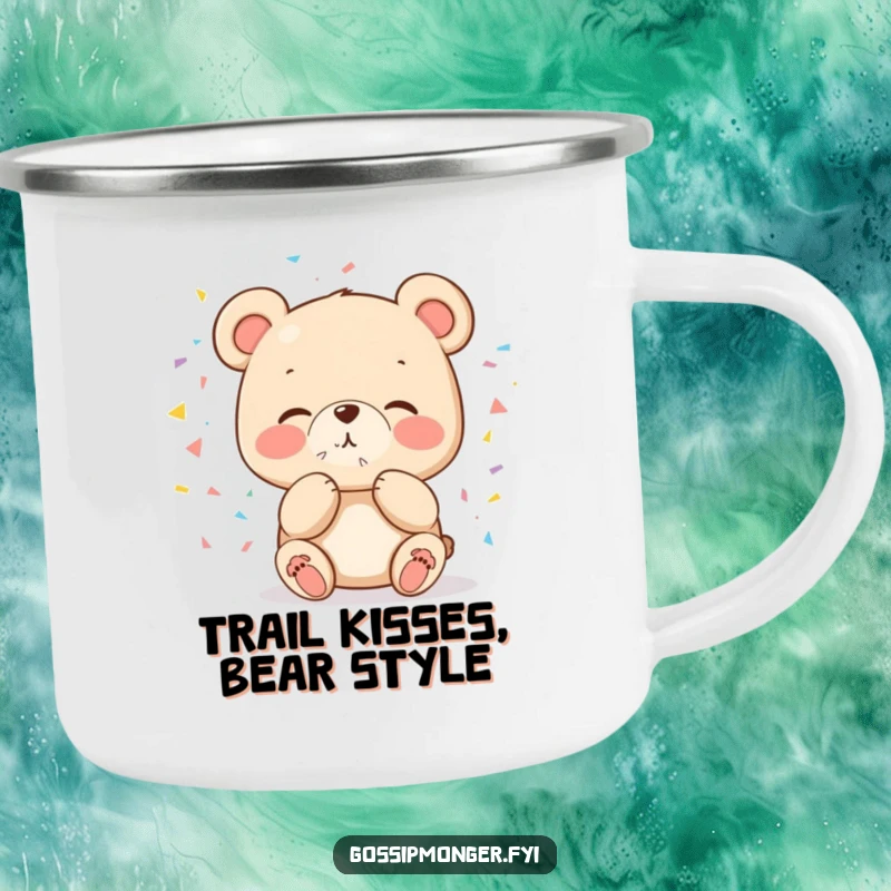 Funny cute bear blowing a kiss of confetti on a camping mug, ideal for outdoor celebrations and gifts.