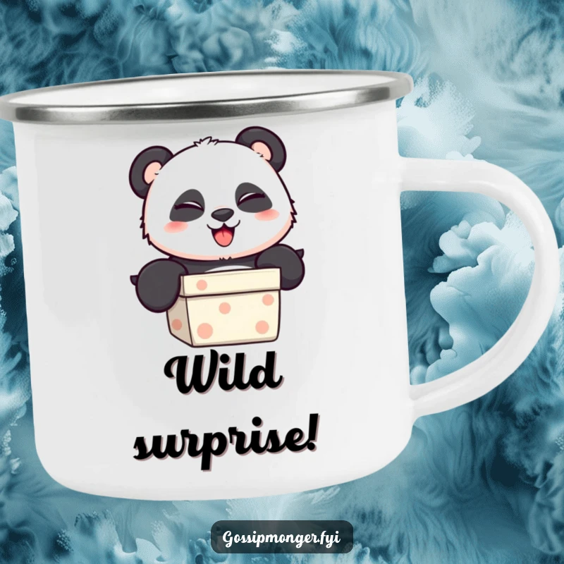 Funny Camping Mug featuring a playful panda popping out of a gift box with a mischievous wink for outdoor enjoyment.