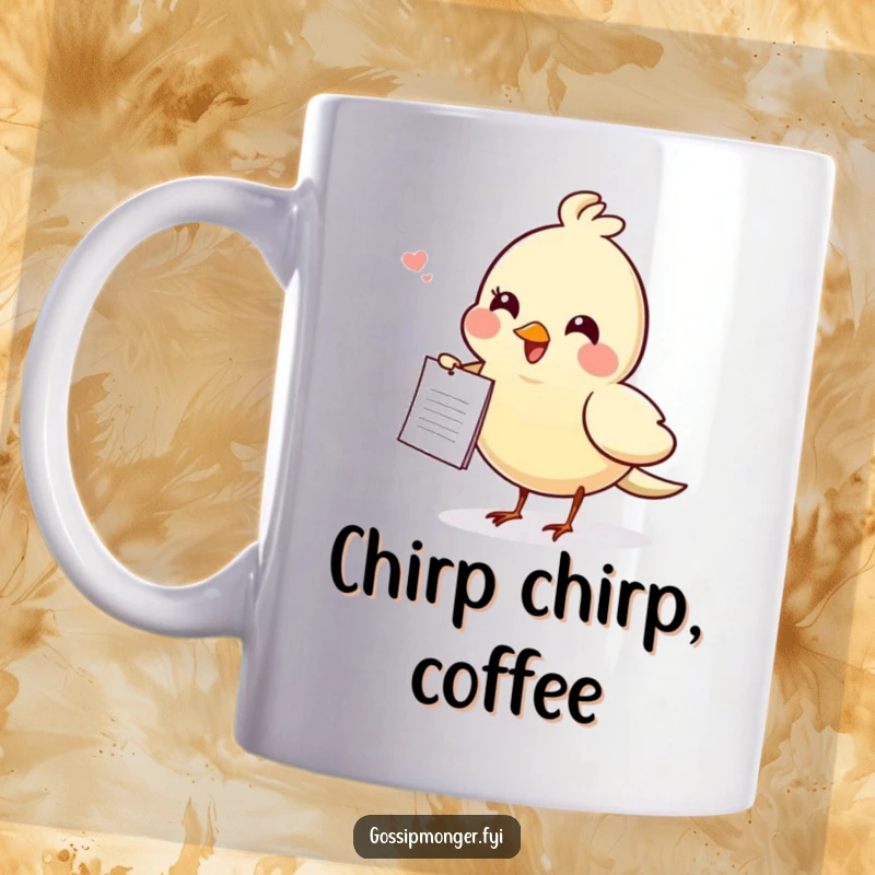 Funny gossiping bird mug, carrying a tiny note, symbolizing cheerful communication and lighthearted, bird-brained secrets and humor.