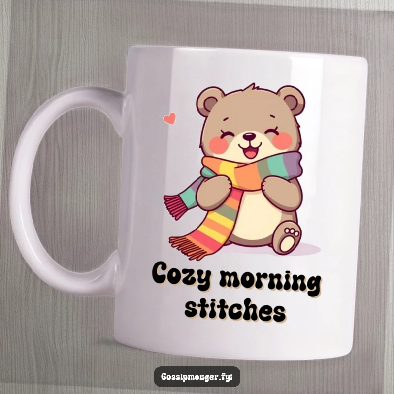 Funny mug showing a joyous brown bear happily knitting a very long, brightly colored scarf, radiating contentment.