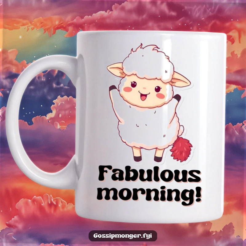 Funny mug featuring a fluffy sheep excitedly waving a vibrant red feather boa, embodying diva energy.