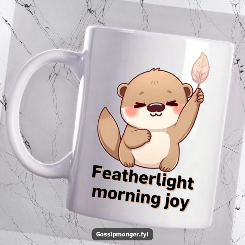 Funny playful otter with a knowing smile, holding a delicate shimmering feather aloft, happy otter mug.
