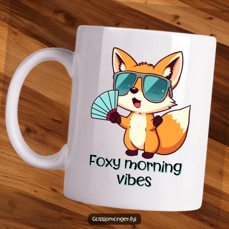 Funny mug with a tiny fox wearing oversized sunglasses, enthusiastically gesturing with a fan, exuding a cool, playful, and slightly chaotic vibe.