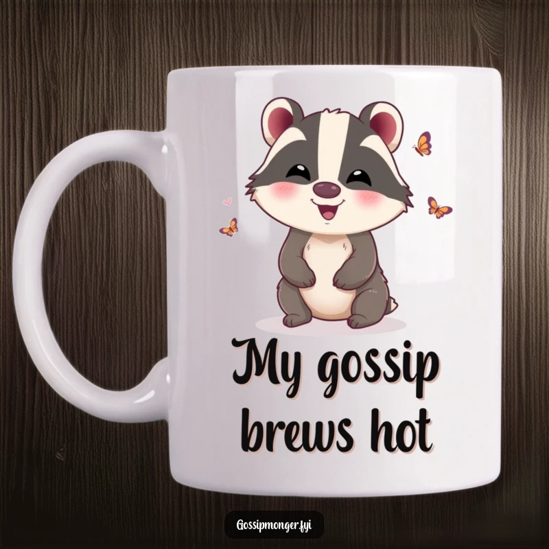 Funny Mug: A giggling badger fluttering tiny butterfly wings, conveying a sense of playful mischief and gossip, great funny gift.