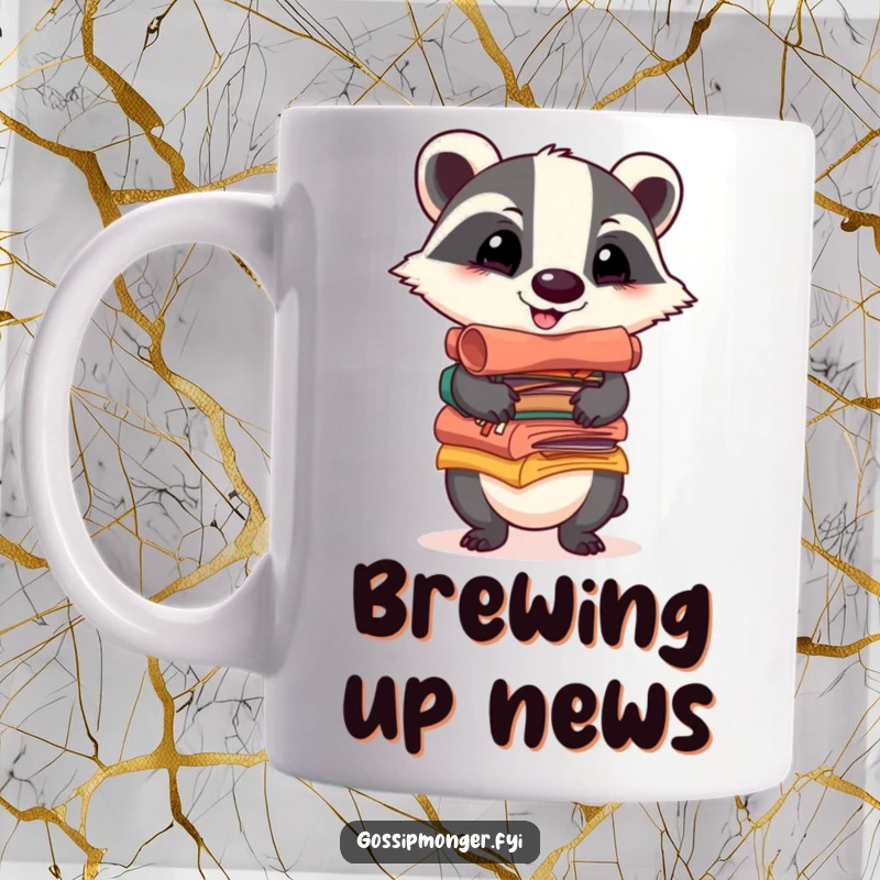 Funny mug with a cheerful badger balancing a tall stack of colorful scrolls, implying it holds all the town's gossip with a happy demeanor.