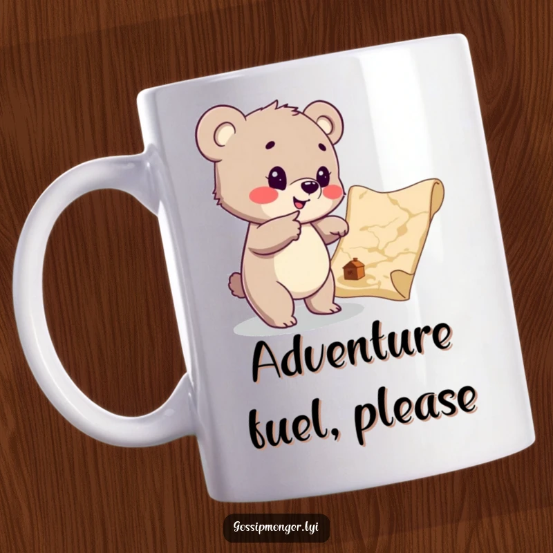Funny Bear Cub Treasure Map Mug: A playful cub enthusiastically points at a hidden treasure map, inviting adventure and fun.
