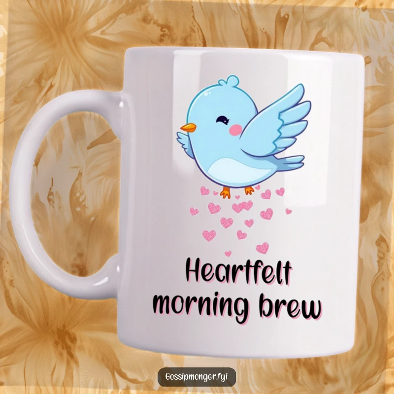 Funny Bluebird Hearts Mug: A playful bluebird fluttering wings, dropping glittery hearts, creating a cheerful and romantic scene on your mug.