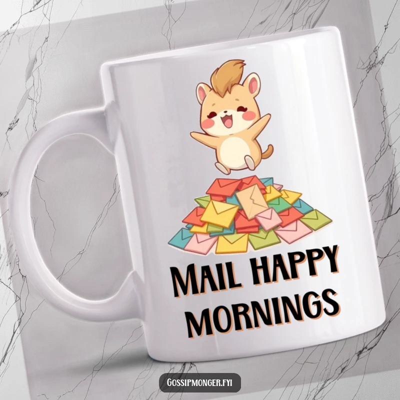 Funny creature with a bushy tail joyfully bouncing on a heap of tiny, colorful envelopes, embodying pure excitement and delight on this mug.