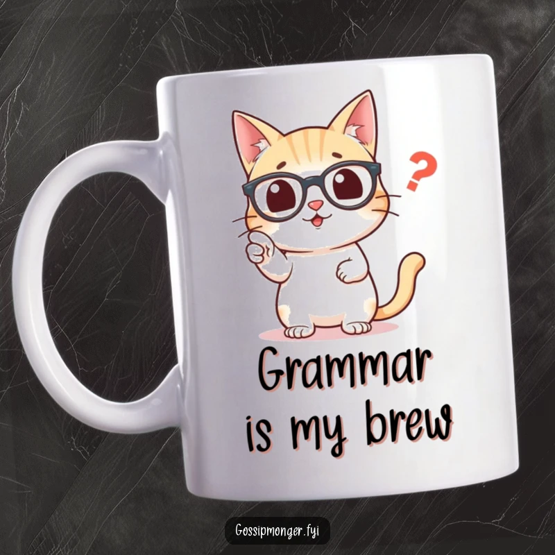 Funny mug featuring an intelligent cat in glasses, excitedly pointing at a misplaced comma with a look of utmost importance.