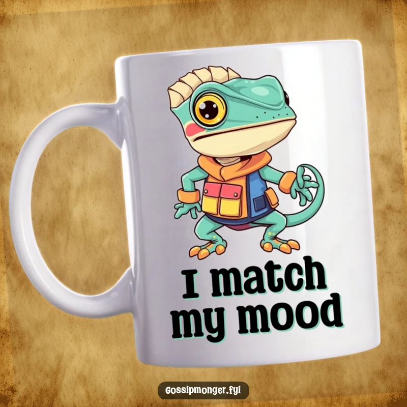 Funny chameleon mug with a confident chameleon sporting a unique, vibrantly colored outfit, radiating personal style and flair.