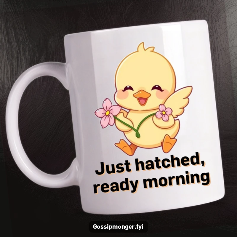 Funny Duckling Mug: A cute duckling with a flower on its head joyfully flutters its wings, celebrating a happy moment.