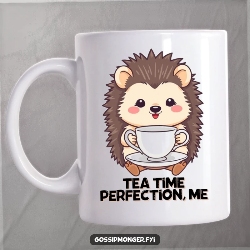 Funny Hedgehog Tea Cup Mug: A smiling hedgehog delicately holds a tea cup and saucer, radiating peaceful joy.