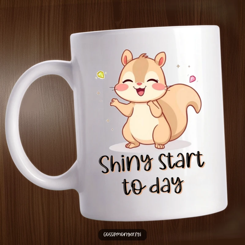 Funny Kawaii Squirrel Mug: A cheerful, cute squirrel juggles tiny, sparkling gems with pure delight and a happy expression.