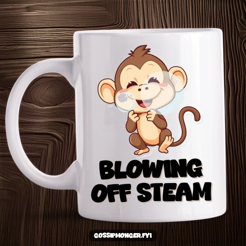 Funny mug with a mischievous monkey blowing a very large, transparent bubble, showing a wide, playful grin.