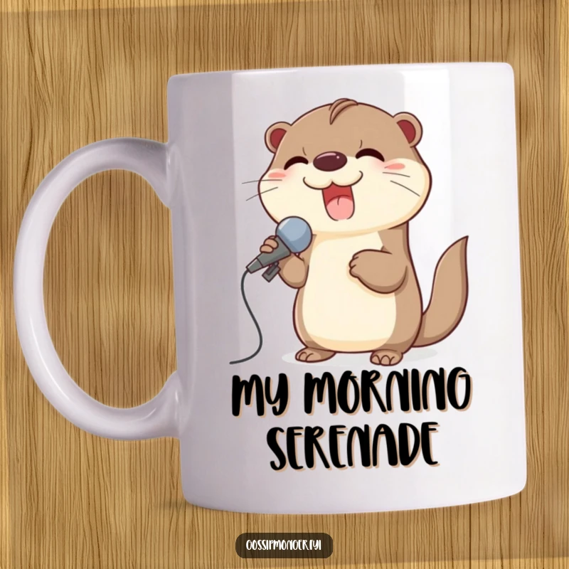 Funny mug featuring a giggling otter enthusiastically singing into a large seashell microphone, radiating joy and music.