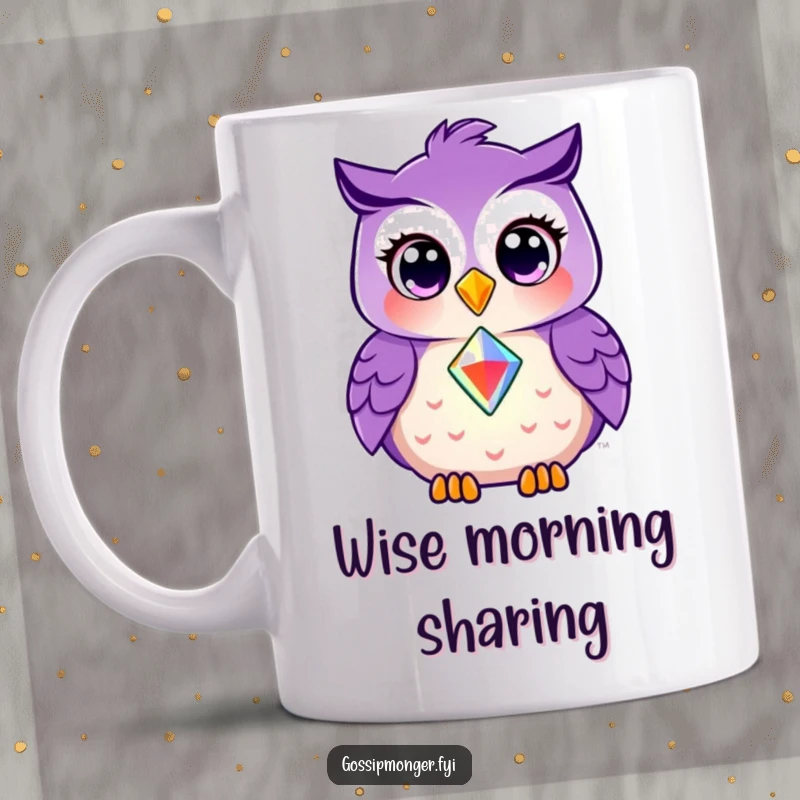Funny mug featuring a smiling purple owl with wide eyes, generously sharing a shining gem with a friend.